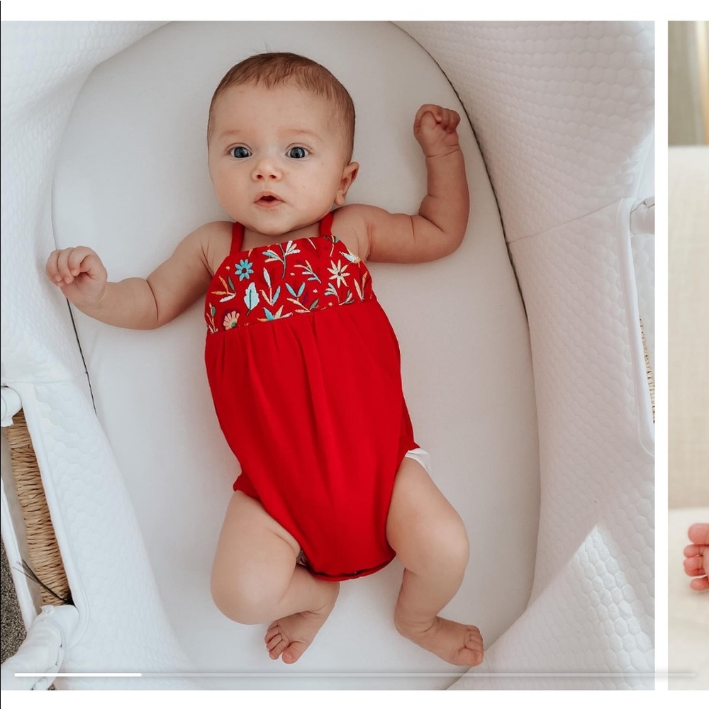 Red embroidered Lovedbaby bubble romper